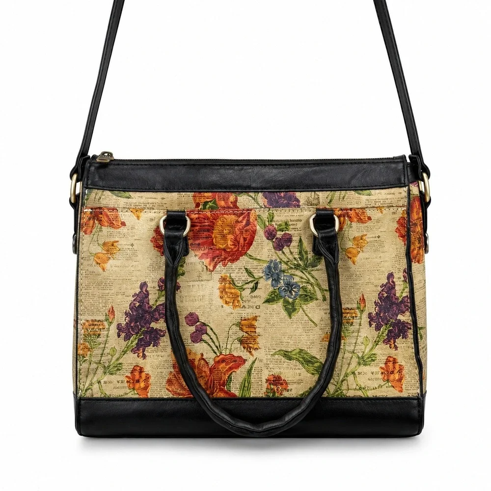 Patricia Nash Josselin Satchel Bag Floral Newsprint Convertible Crossbody Purse‎